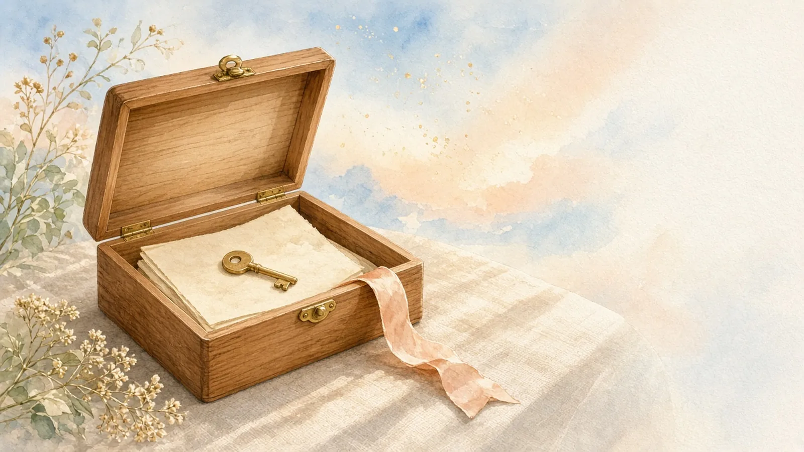 Open wooden keepsake box with a letter, brass key, and peach ribbon